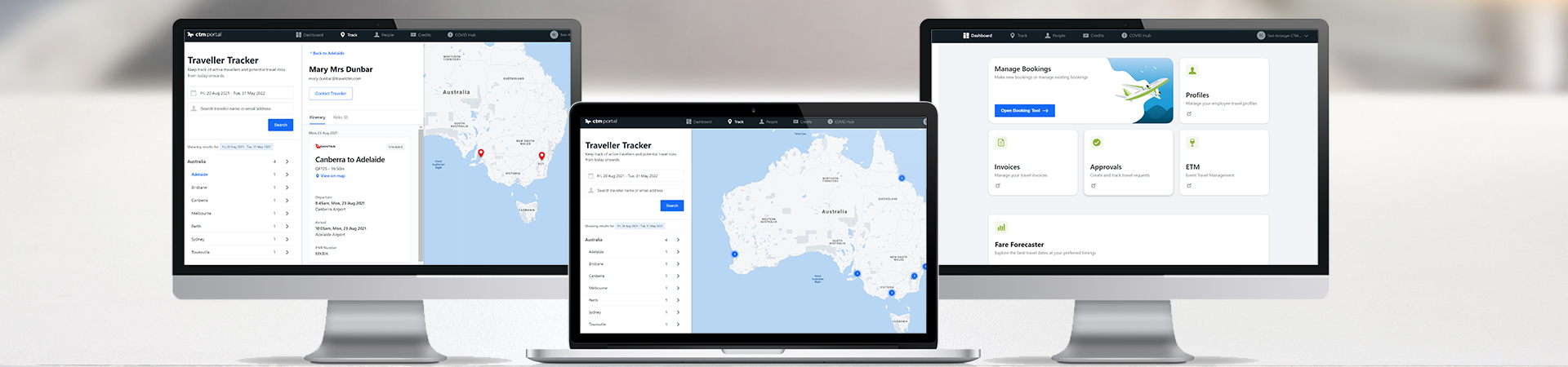 CTM Traveller Tracker displayed across 3 screens