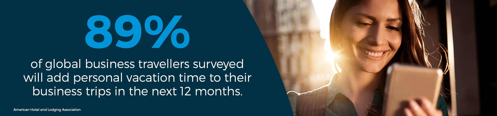 Banner - "89% of global business travellers surveyed will add personal vacation time to their business trips in the next 12 months"