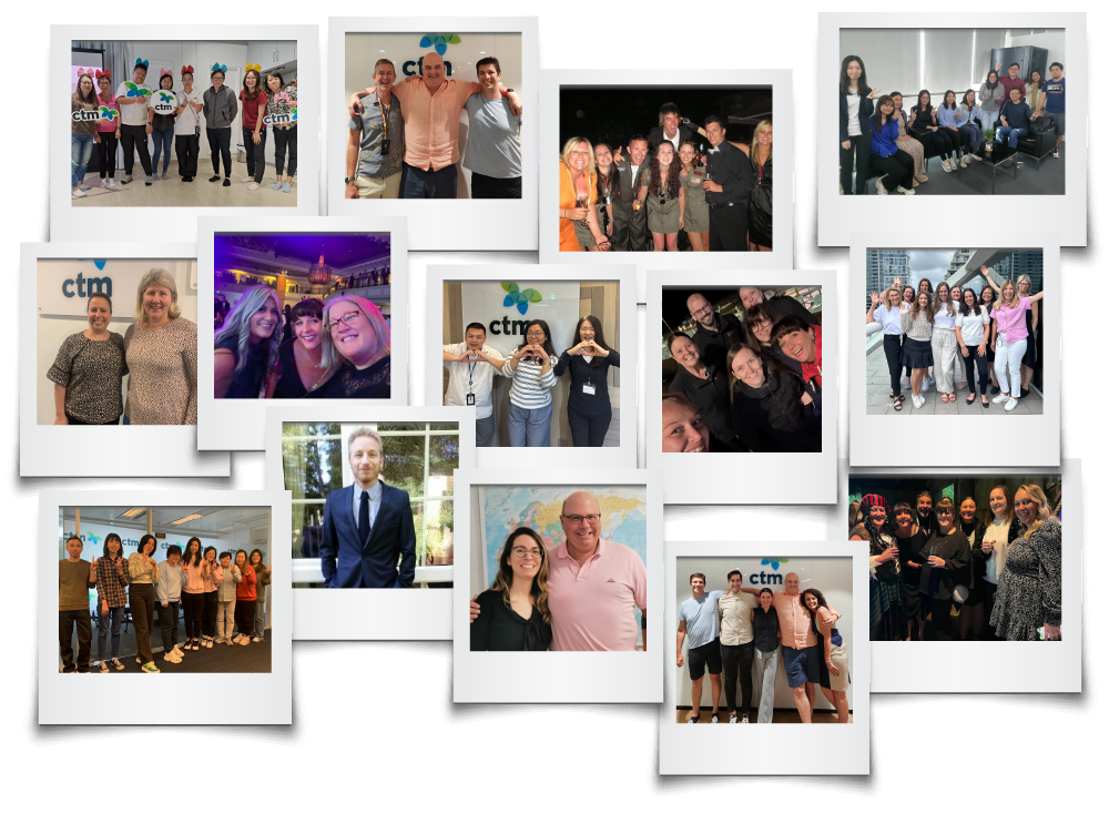 A collage of images with CTM's travel consultants across the world